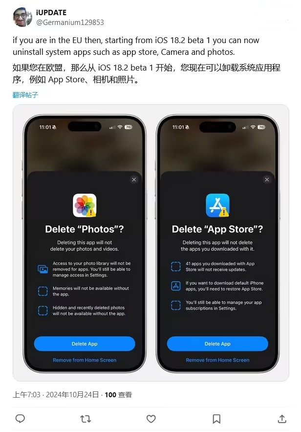 荥经苹果手机维修分享iOS 18.2 支持删除 App Store 应用商店 