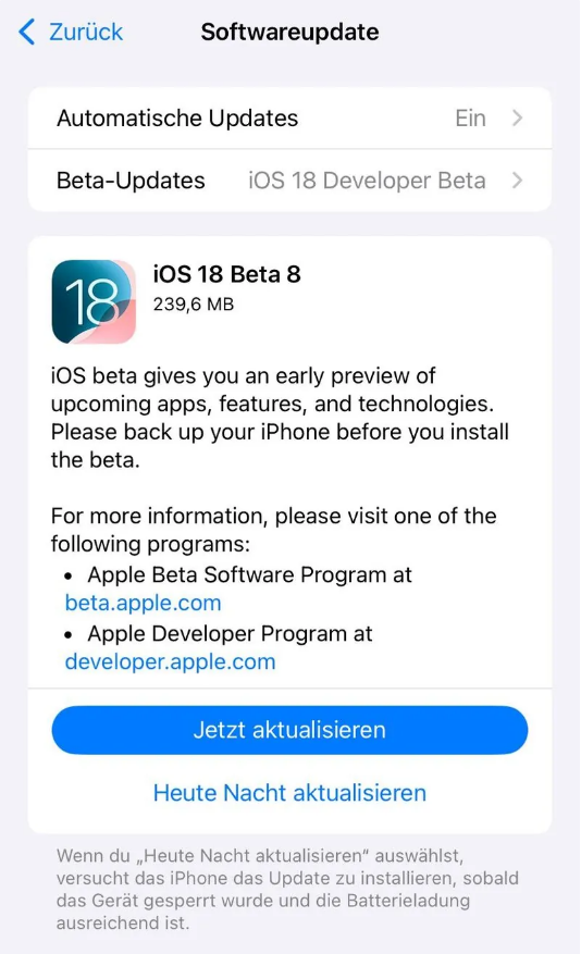 荥经苹果手机维修分享苹果 iOS / iPadOS 18 开发者预览版 Beta 8 发布 